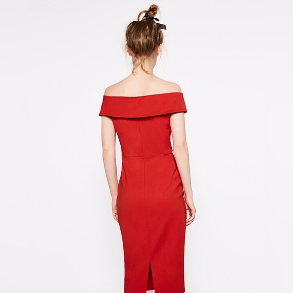ZARA shoulder off red midi red dress size medium - Picture 5 of 11